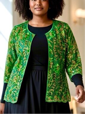 Ashro Green with Gold Sequin Embellished Jacket - NWOT Size L